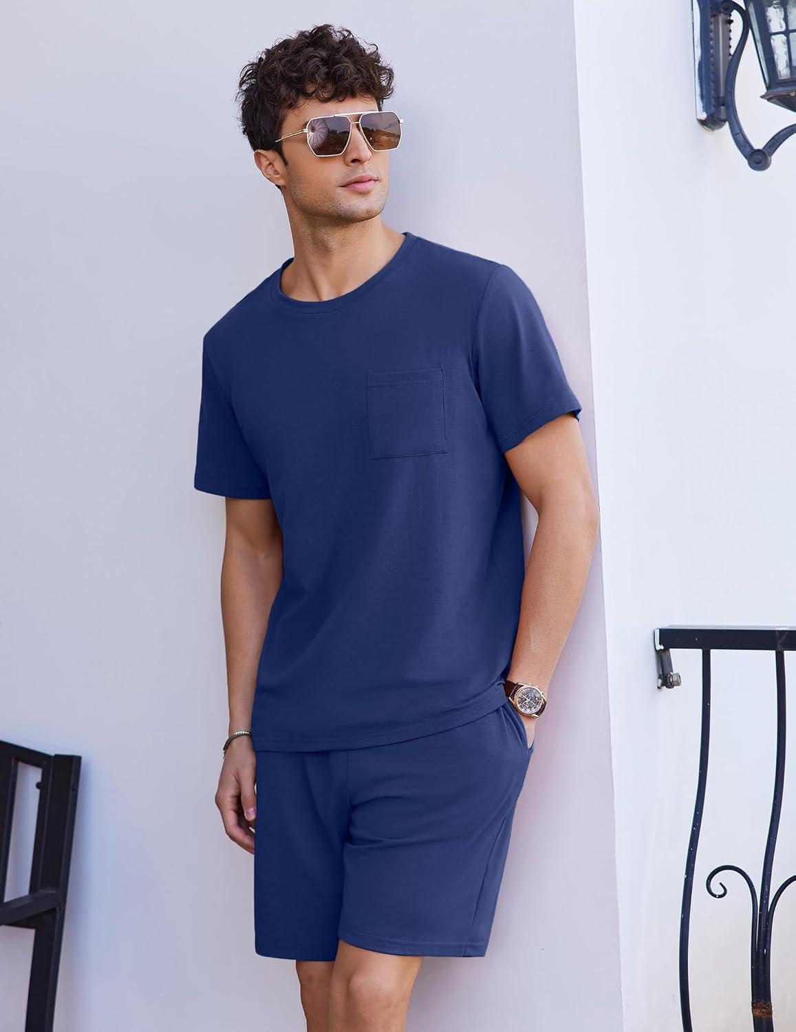 imageEkouaer Mens Pajamas Set Cotton Short Sleeve Sleepwear 2 Piece Pj Sets for Men Soft Nightwear with Pockets SXXLDeep Blue