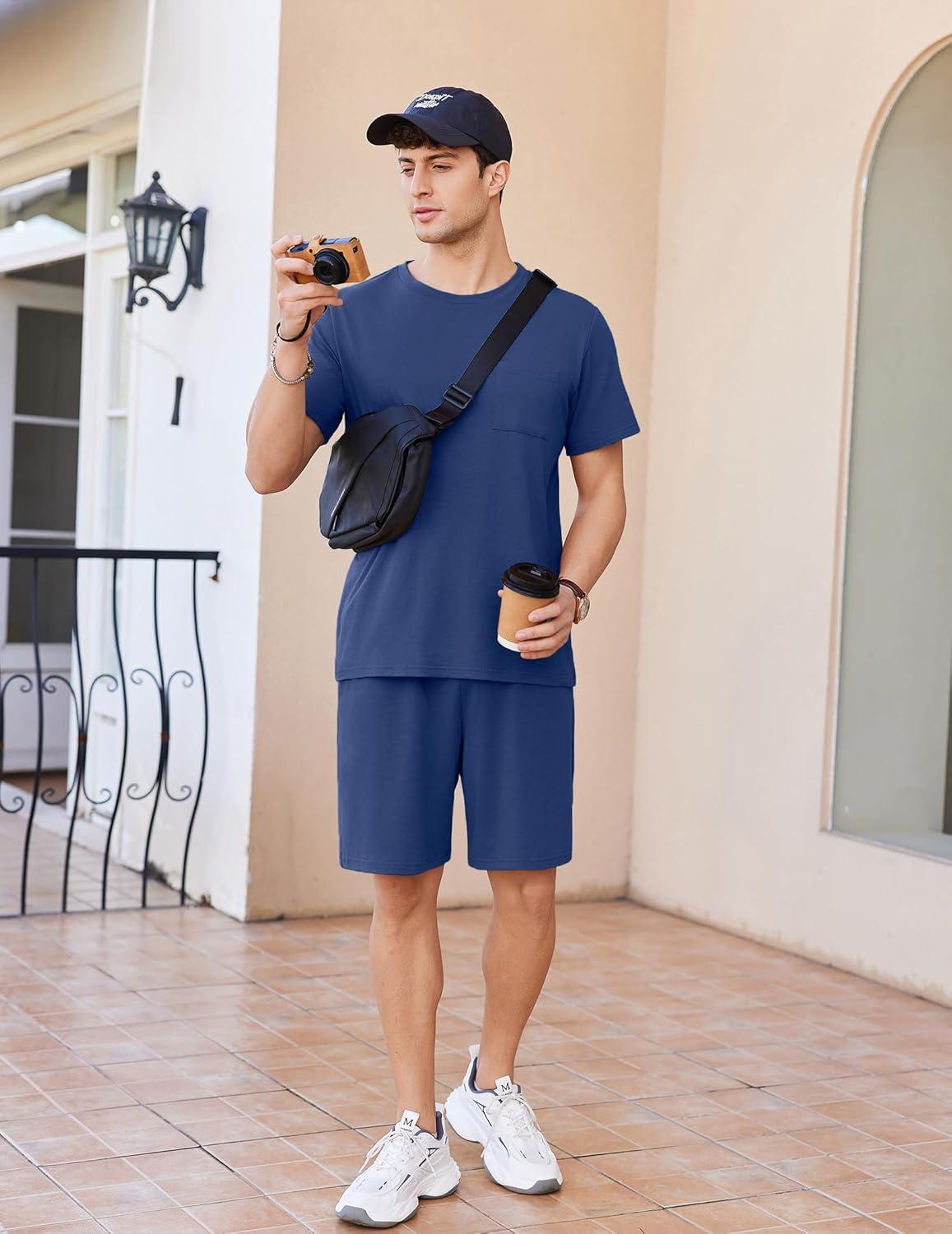 imageEkouaer Mens Pajamas Set Cotton Short Sleeve Sleepwear 2 Piece Pj Sets for Men Soft Nightwear with Pockets SXXLDeep Blue
