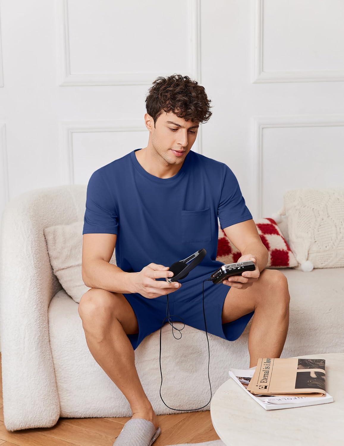 imageEkouaer Mens Pajamas Set Cotton Short Sleeve Sleepwear 2 Piece Pj Sets for Men Soft Nightwear with Pockets SXXLDeep Blue