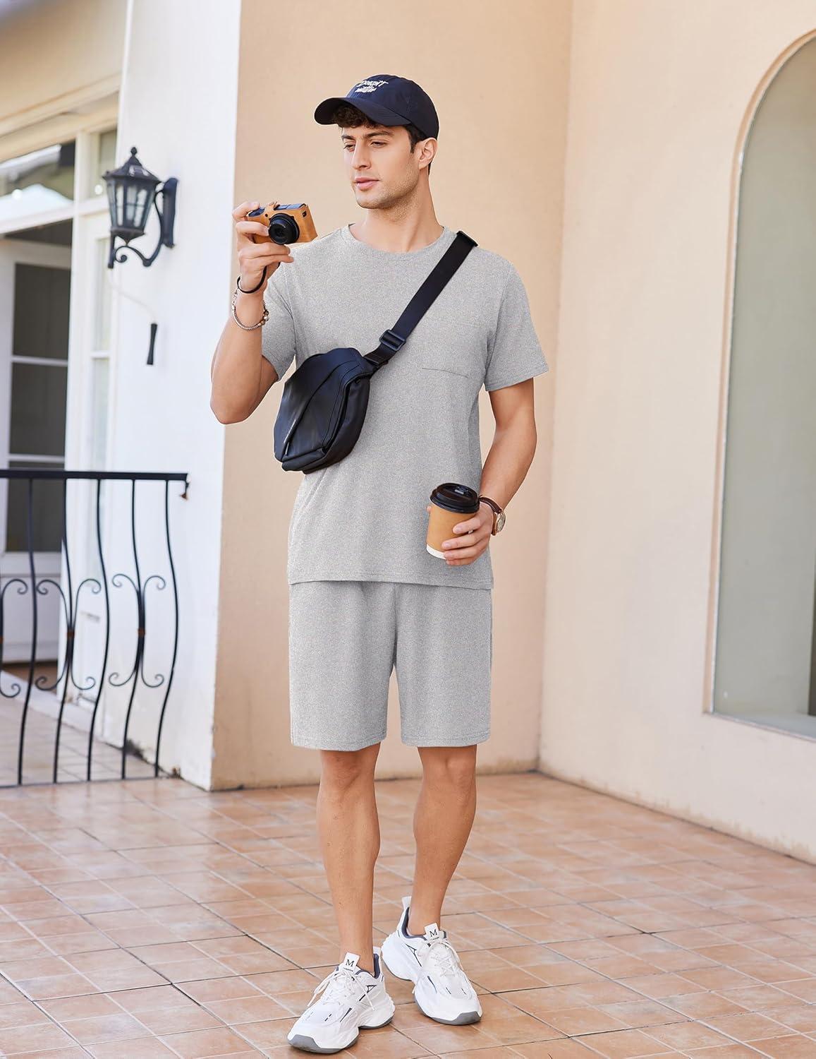 imageEkouaer Mens Pajamas Set Cotton Short Sleeve Sleepwear 2 Piece Pj Sets for Men Soft Nightwear with Pockets SXXLGrey