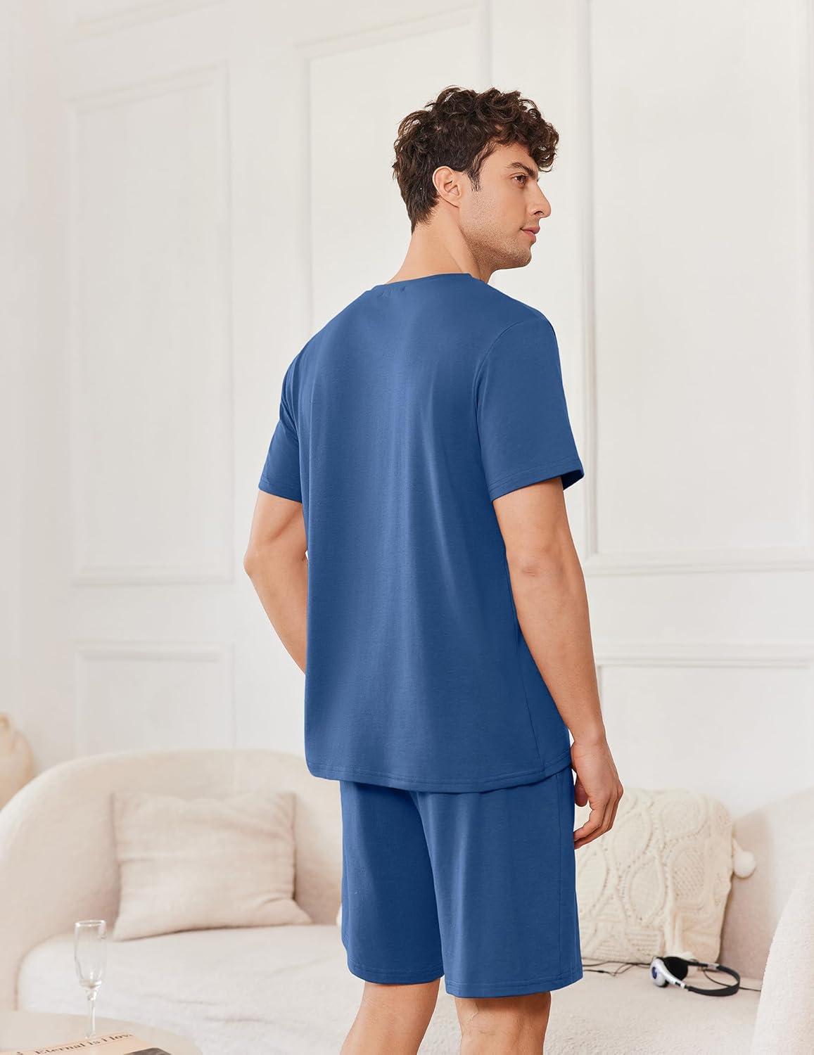 imageEkouaer Mens Pajamas Set Cotton Short Sleeve Sleepwear 2 Piece Pj Sets for Men Soft Nightwear with Pockets SXXLNavy Blue