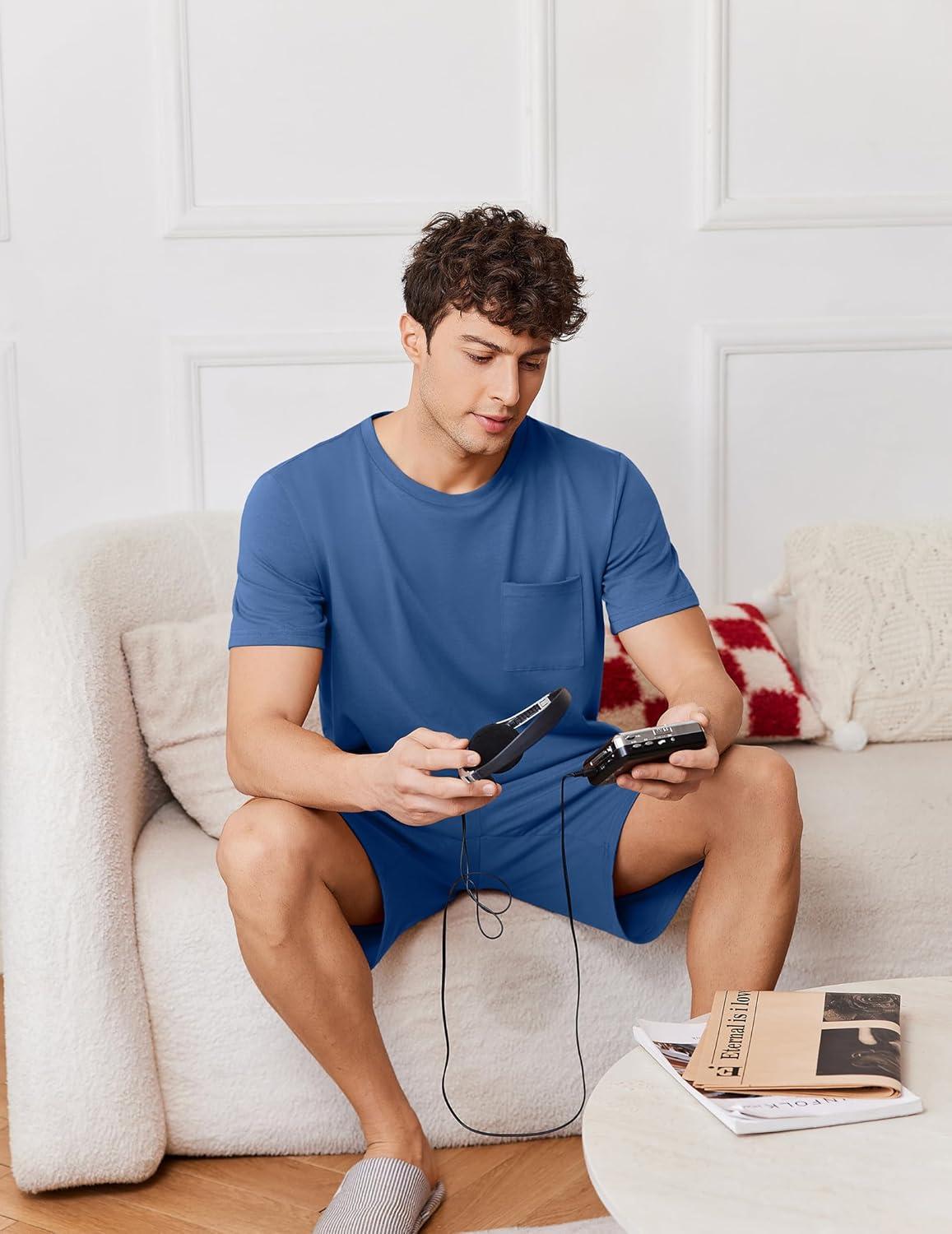 imageEkouaer Mens Pajamas Set Cotton Short Sleeve Sleepwear 2 Piece Pj Sets for Men Soft Nightwear with Pockets SXXLNavy Blue