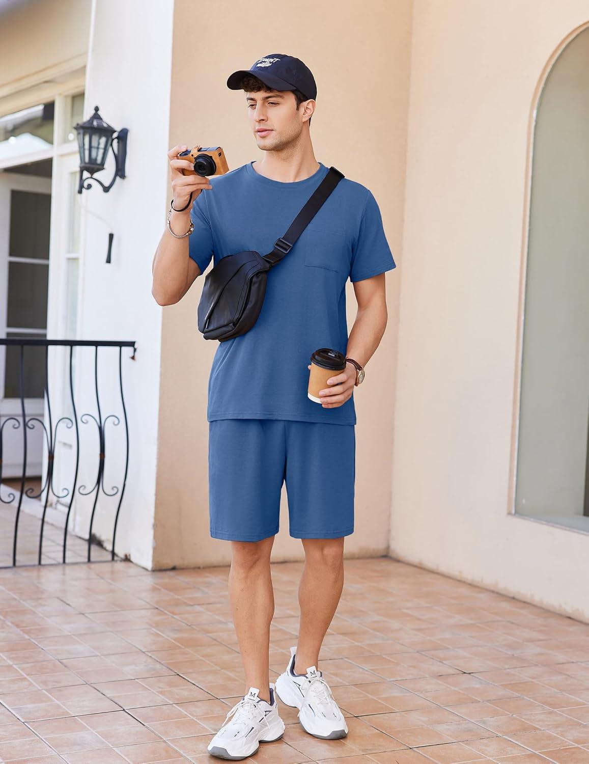 imageEkouaer Mens Pajamas Set Cotton Short Sleeve Sleepwear 2 Piece Pj Sets for Men Soft Nightwear with Pockets SXXLNavy Blue