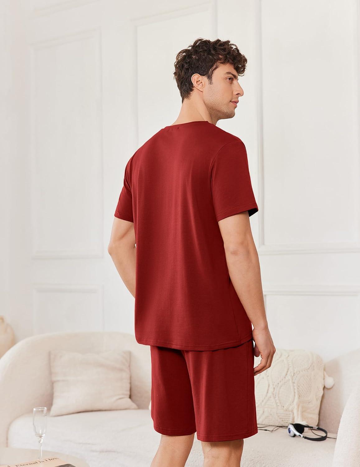 imageEkouaer Mens Pajamas Set Cotton Short Sleeve Sleepwear 2 Piece Pj Sets for Men Soft Nightwear with Pockets SXXLWine Red