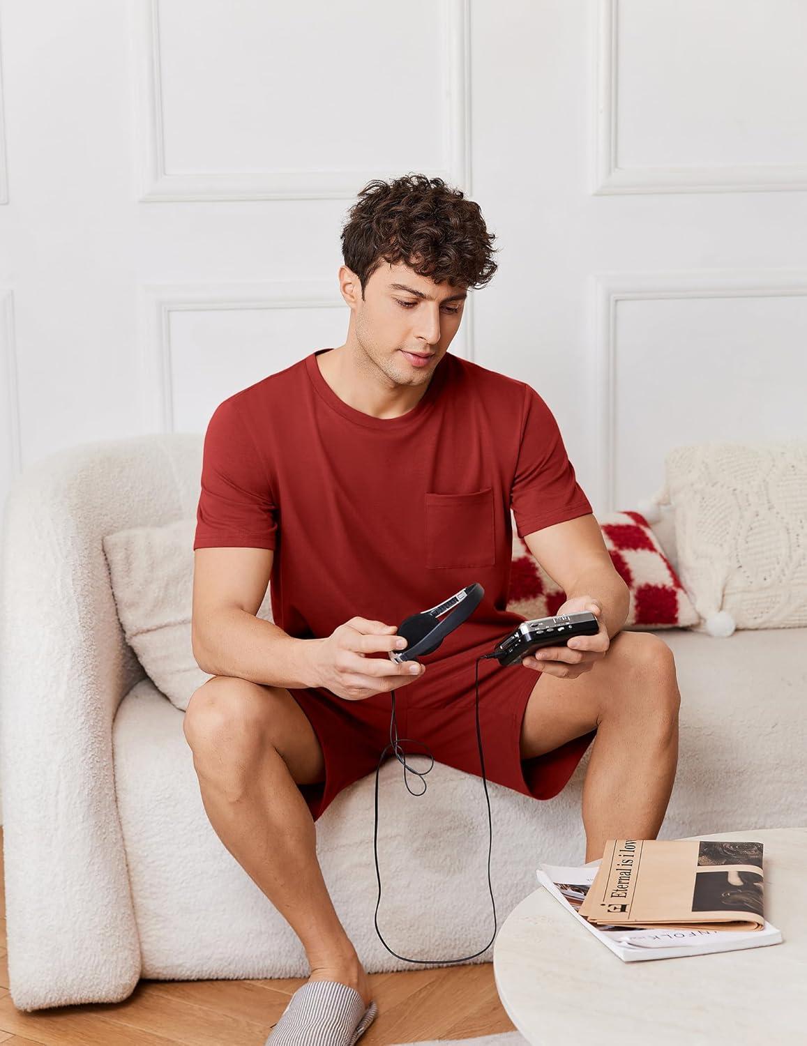 imageEkouaer Mens Pajamas Set Cotton Short Sleeve Sleepwear 2 Piece Pj Sets for Men Soft Nightwear with Pockets SXXLWine Red