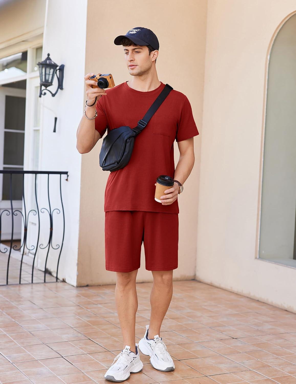 imageEkouaer Mens Pajamas Set Cotton Short Sleeve Sleepwear 2 Piece Pj Sets for Men Soft Nightwear with Pockets SXXLWine Red