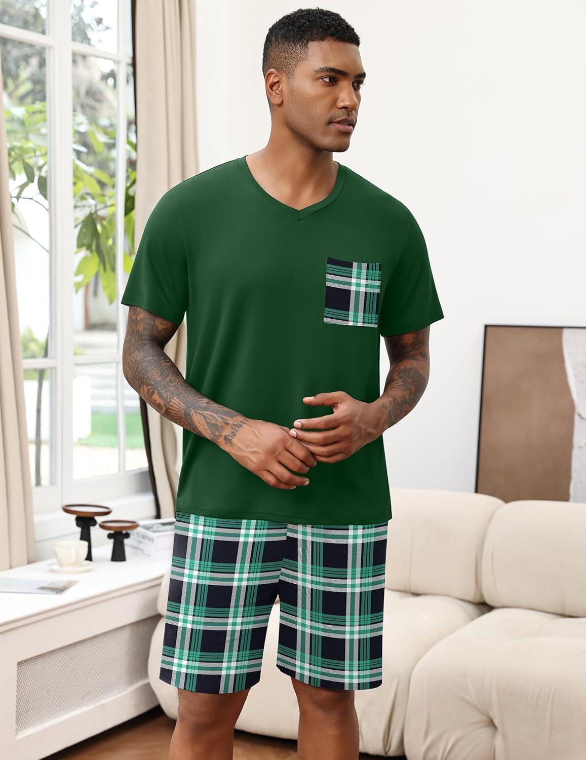 imageEkouaer Mens Pajamas Set Soft Lounge Set V Neck Sleep Nightwear Short Sleeve Pjs with Pocket SXXL02 Green Plaid