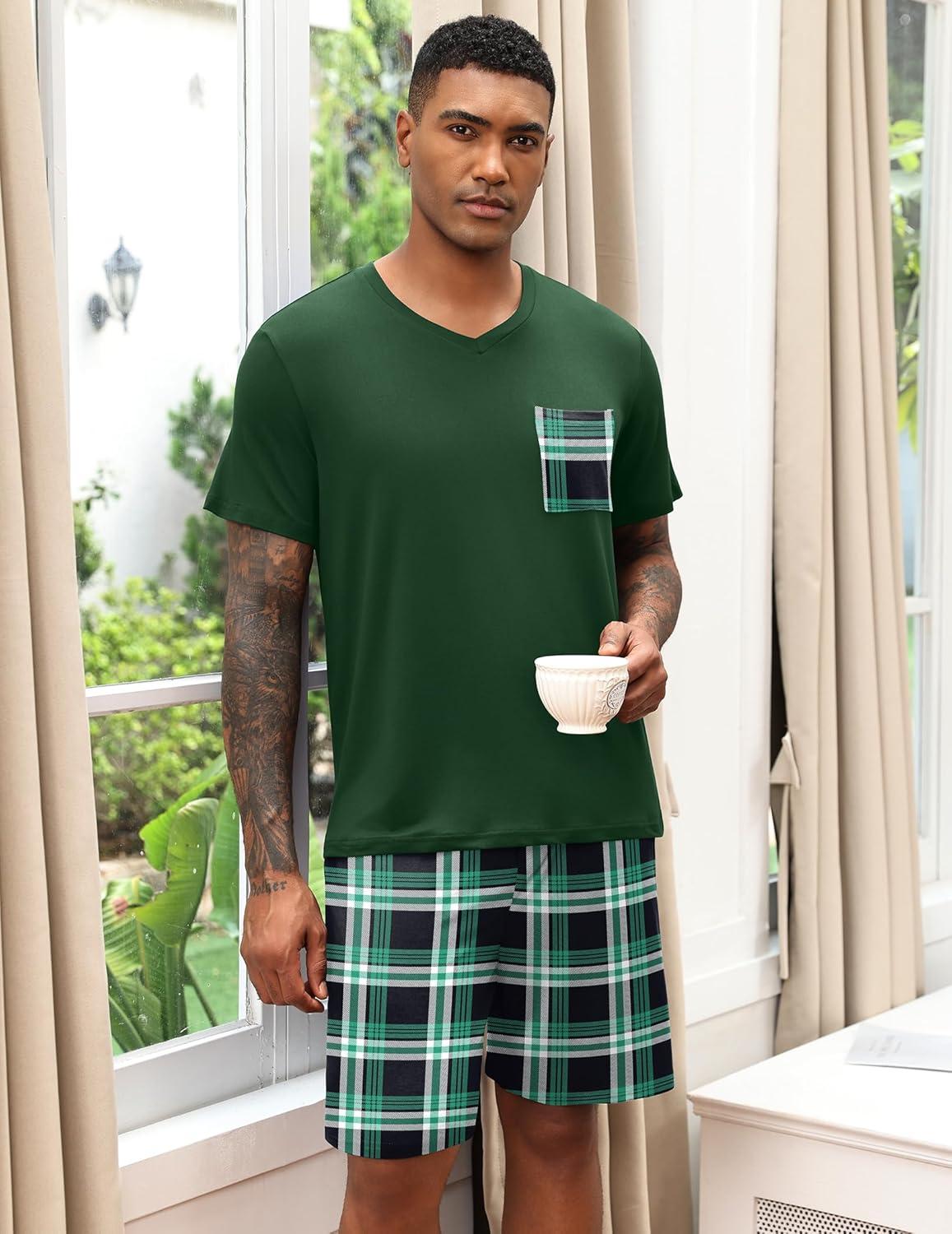imageEkouaer Mens Pajamas Set Soft Lounge Set V Neck Sleep Nightwear Short Sleeve Pjs with Pocket SXXL02 Green Plaid