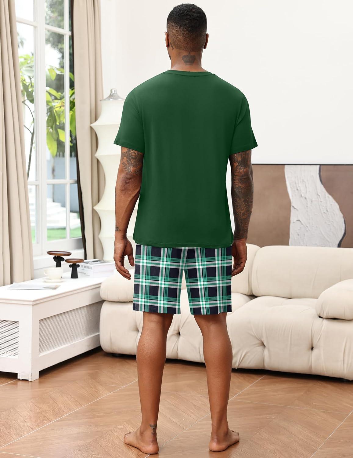 imageEkouaer Mens Pajamas Set Soft Lounge Set V Neck Sleep Nightwear Short Sleeve Pjs with Pocket SXXL02 Green Plaid