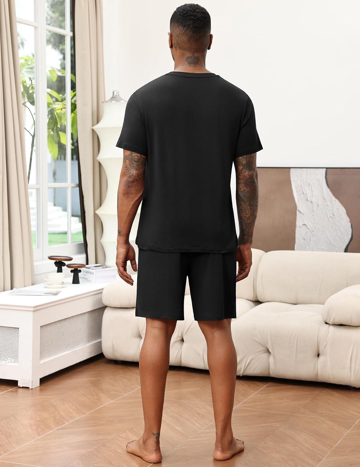 imageEkouaer Mens Pajamas Set Soft Lounge Set V Neck Sleep Nightwear Short Sleeve Pjs with Pocket SXXLBlack
