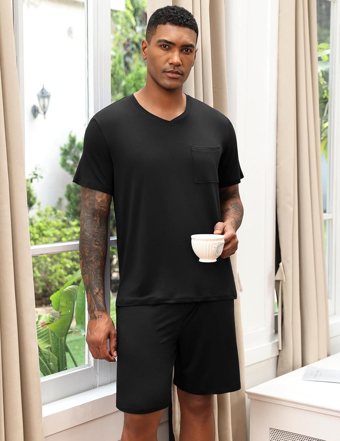 imageEkouaer Mens Pajamas Set Soft Lounge Set V Neck Sleep Nightwear Short Sleeve Pjs with Pocket SXXLBlack