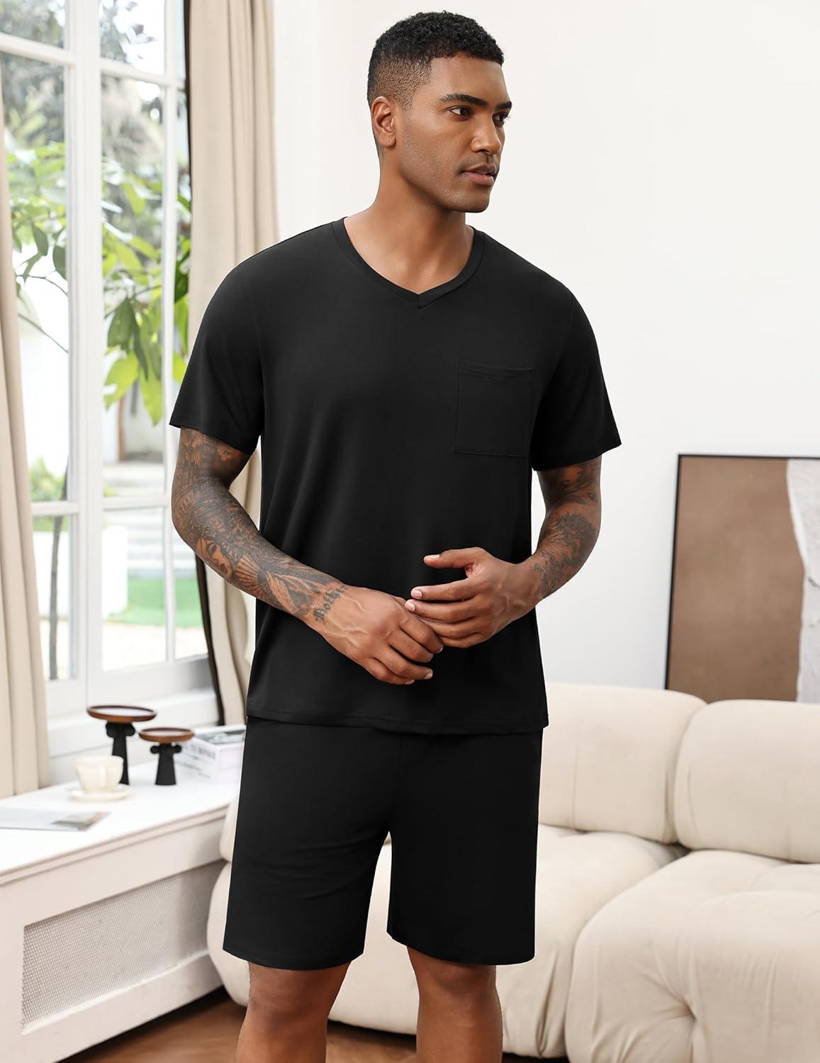 imageEkouaer Mens Pajamas Set Soft Lounge Set V Neck Sleep Nightwear Short Sleeve Pjs with Pocket SXXLBlack