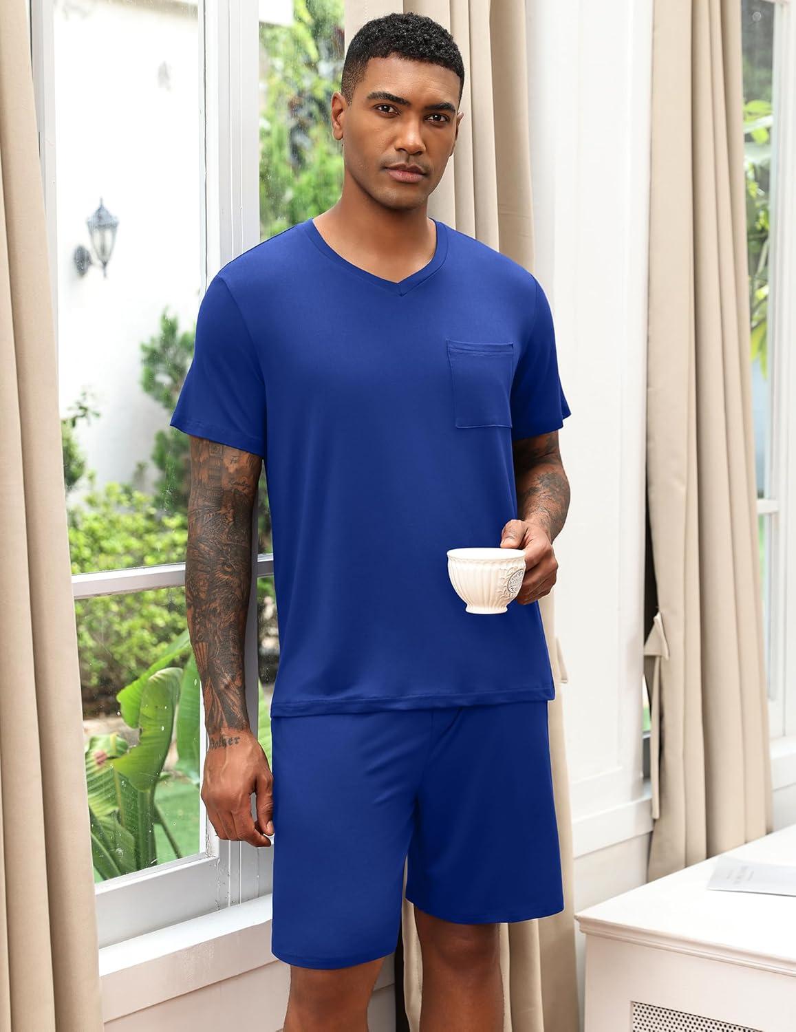 imageEkouaer Mens Pajamas Set Soft Lounge Set V Neck Sleep Nightwear Short Sleeve Pjs with Pocket SXXLDeep Blue