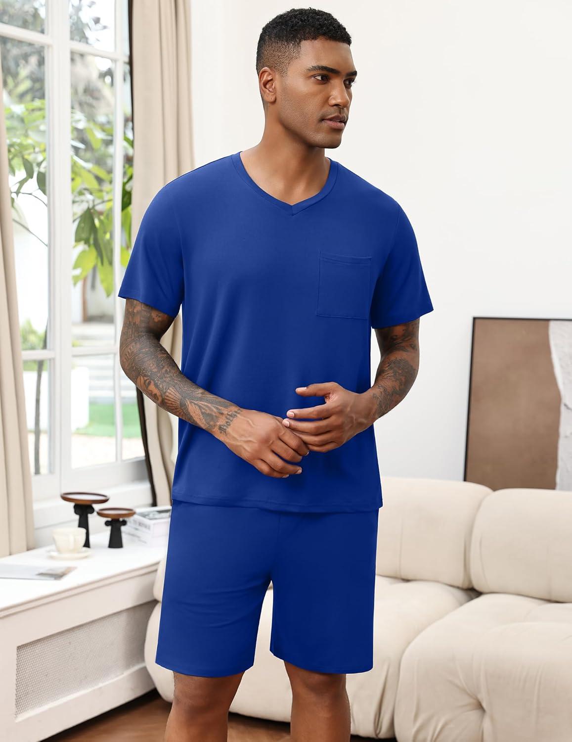 imageEkouaer Mens Pajamas Set Soft Lounge Set V Neck Sleep Nightwear Short Sleeve Pjs with Pocket SXXLDeep Blue