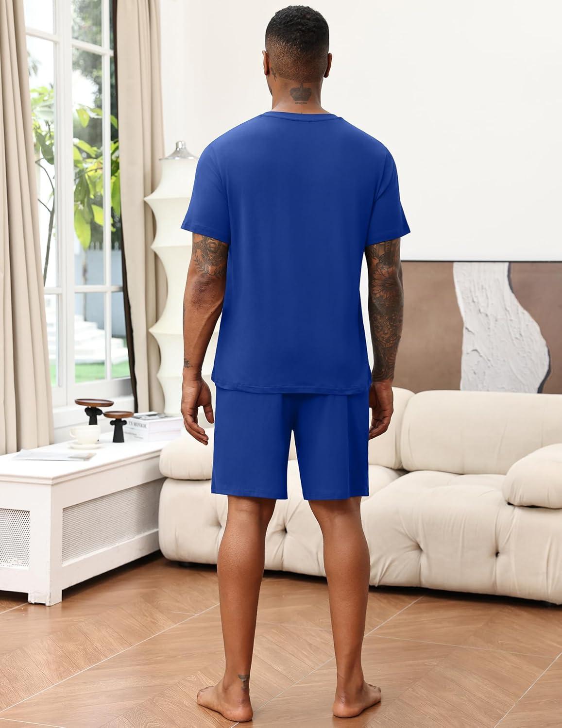 imageEkouaer Mens Pajamas Set Soft Lounge Set V Neck Sleep Nightwear Short Sleeve Pjs with Pocket SXXLDeep Blue