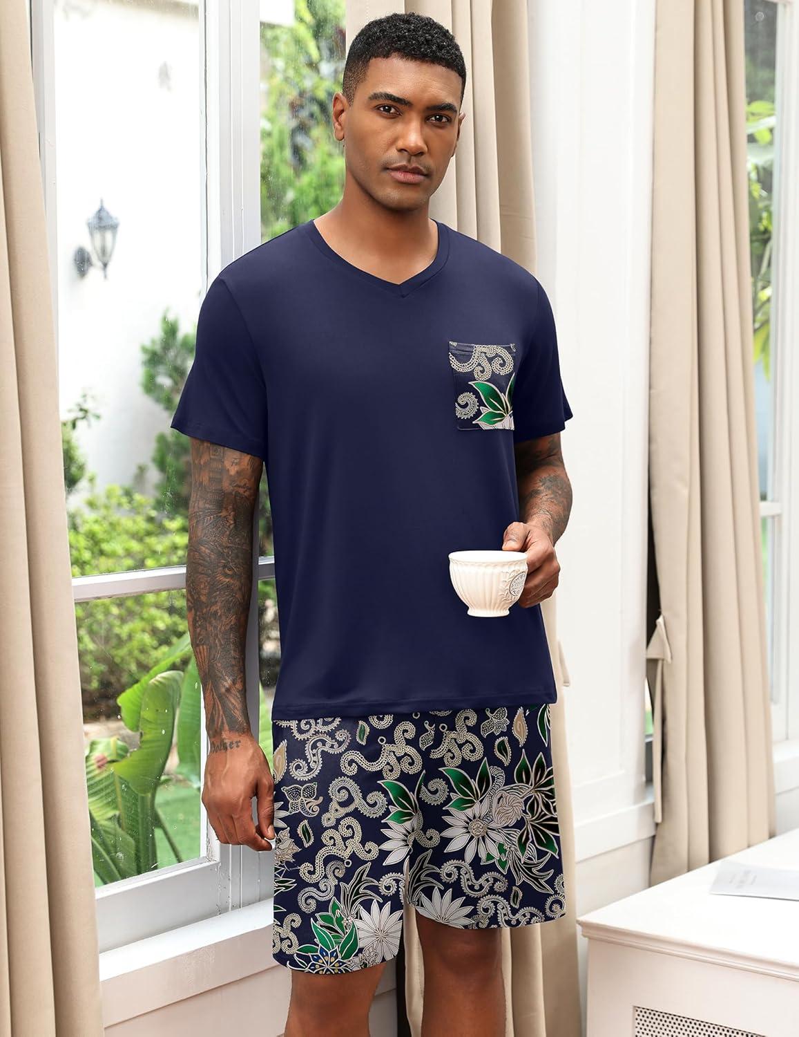 imageEkouaer Mens Pajamas Set Soft Lounge Set V Neck Sleep Nightwear Short Sleeve Pjs with Pocket SXXLNavy Blue Floral