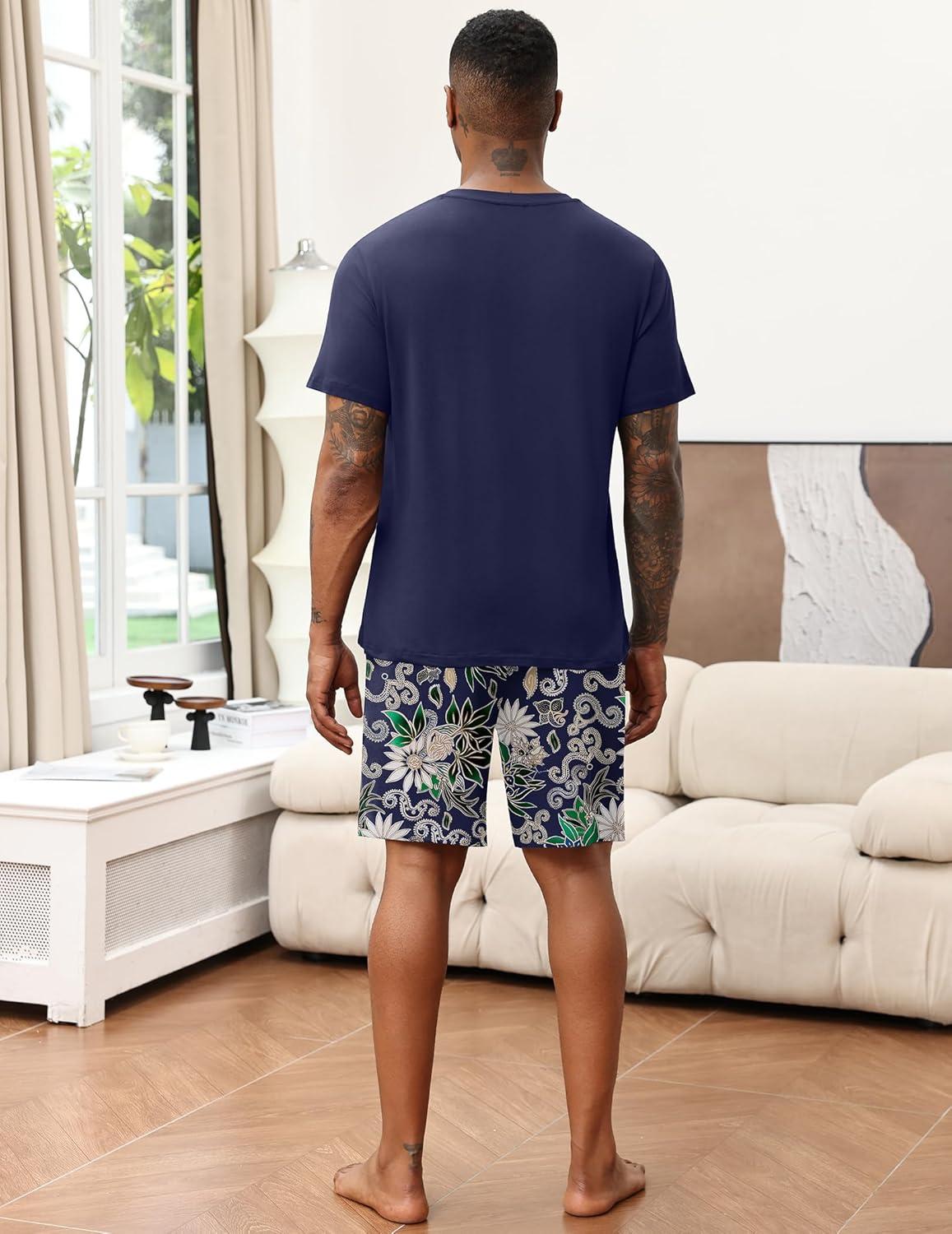imageEkouaer Mens Pajamas Set Soft Lounge Set V Neck Sleep Nightwear Short Sleeve Pjs with Pocket SXXLNavy Blue Floral