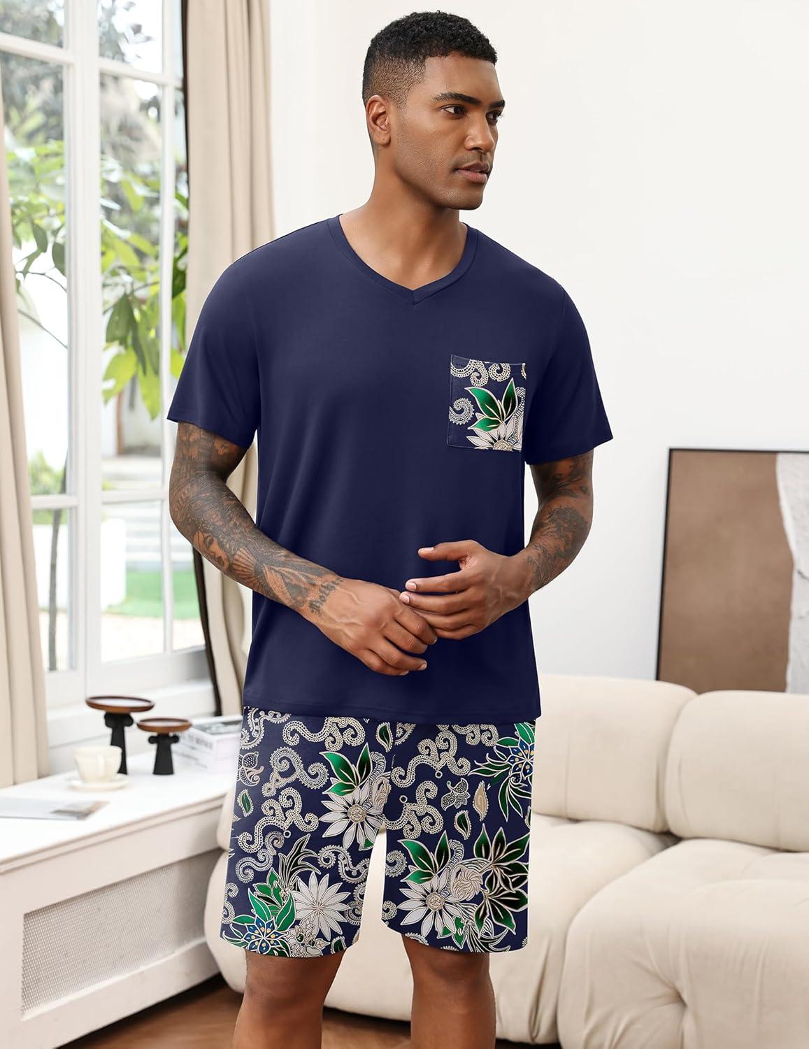 imageEkouaer Mens Pajamas Set Soft Lounge Set V Neck Sleep Nightwear Short Sleeve Pjs with Pocket SXXLNavy Blue Floral