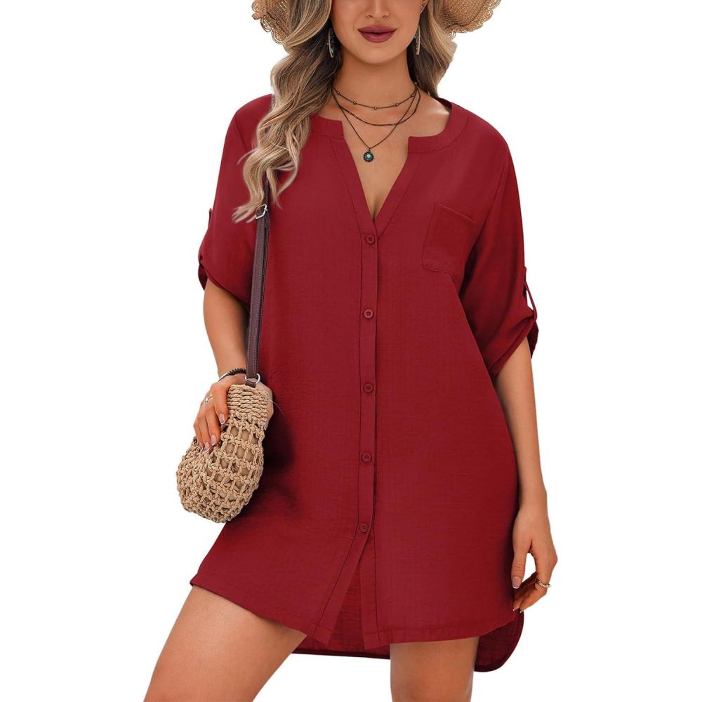 imageEkouaer Bathing Suit Cover Up for Women V Neck Button Down Swimsuit Coverup Beach Dress Shirt S3XLWine Red