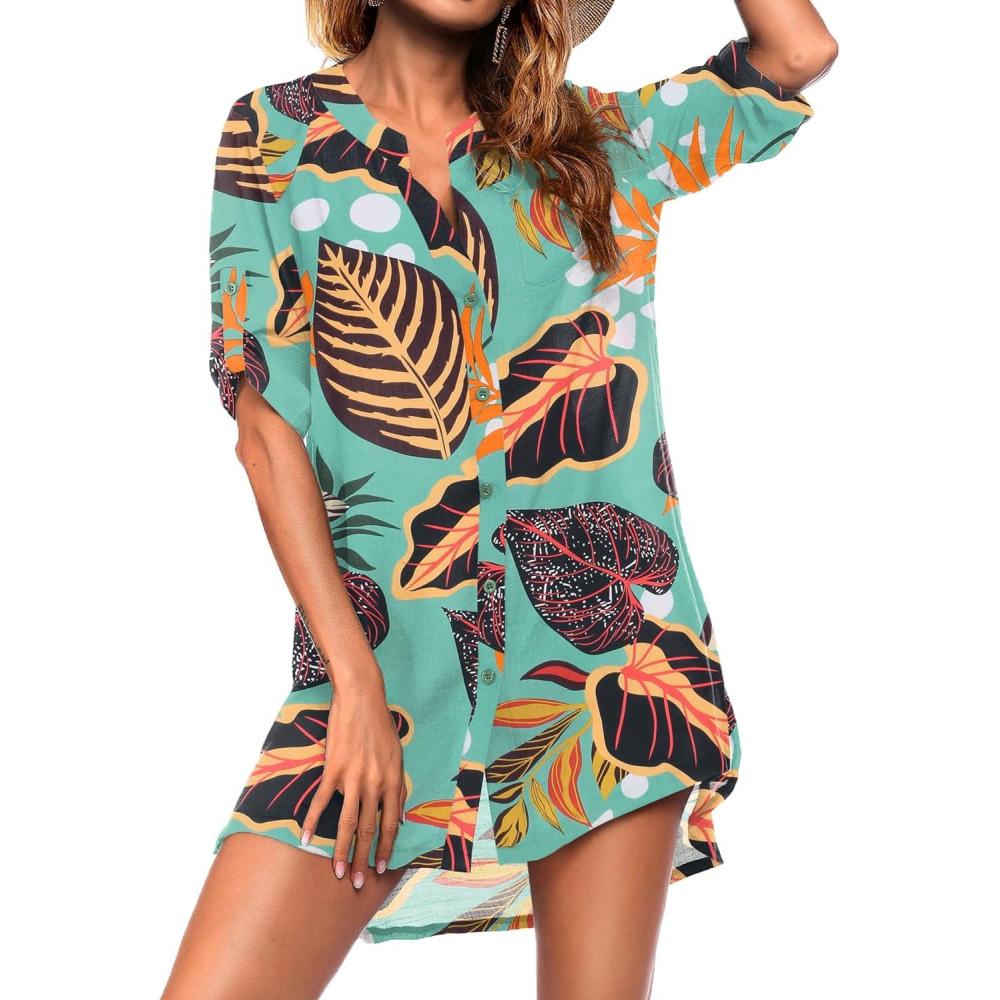 imageEkouaer Bathing Suit Cover Up for Women V Neck Button Down Swimsuit Coverup Beach Dress Shirt S3XLZw532tropical Print