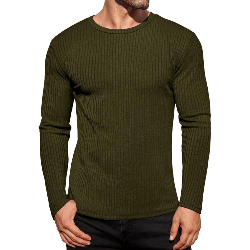 imageEkouaer Mens Long Sleeve Shirts Ribbed Pullover Tees Sim Fit Thermal Tops Crew Neck Stretchy Undershirts S3XLArmy Green