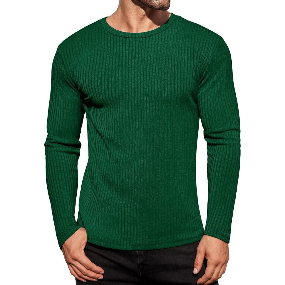 imageEkouaer Mens Long Sleeve Shirts Ribbed Pullover Tees Sim Fit Thermal Tops Crew Neck Stretchy Undershirts S3XLDeep Green