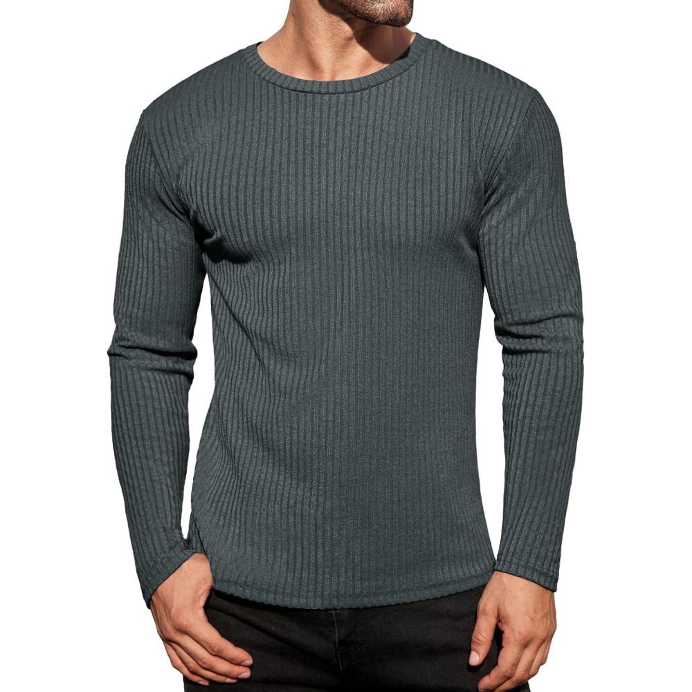 imageEkouaer Mens Long Sleeve Shirts Ribbed Pullover Tees Sim Fit Thermal Tops Crew Neck Stretchy Undershirts S3XLDeep Grey