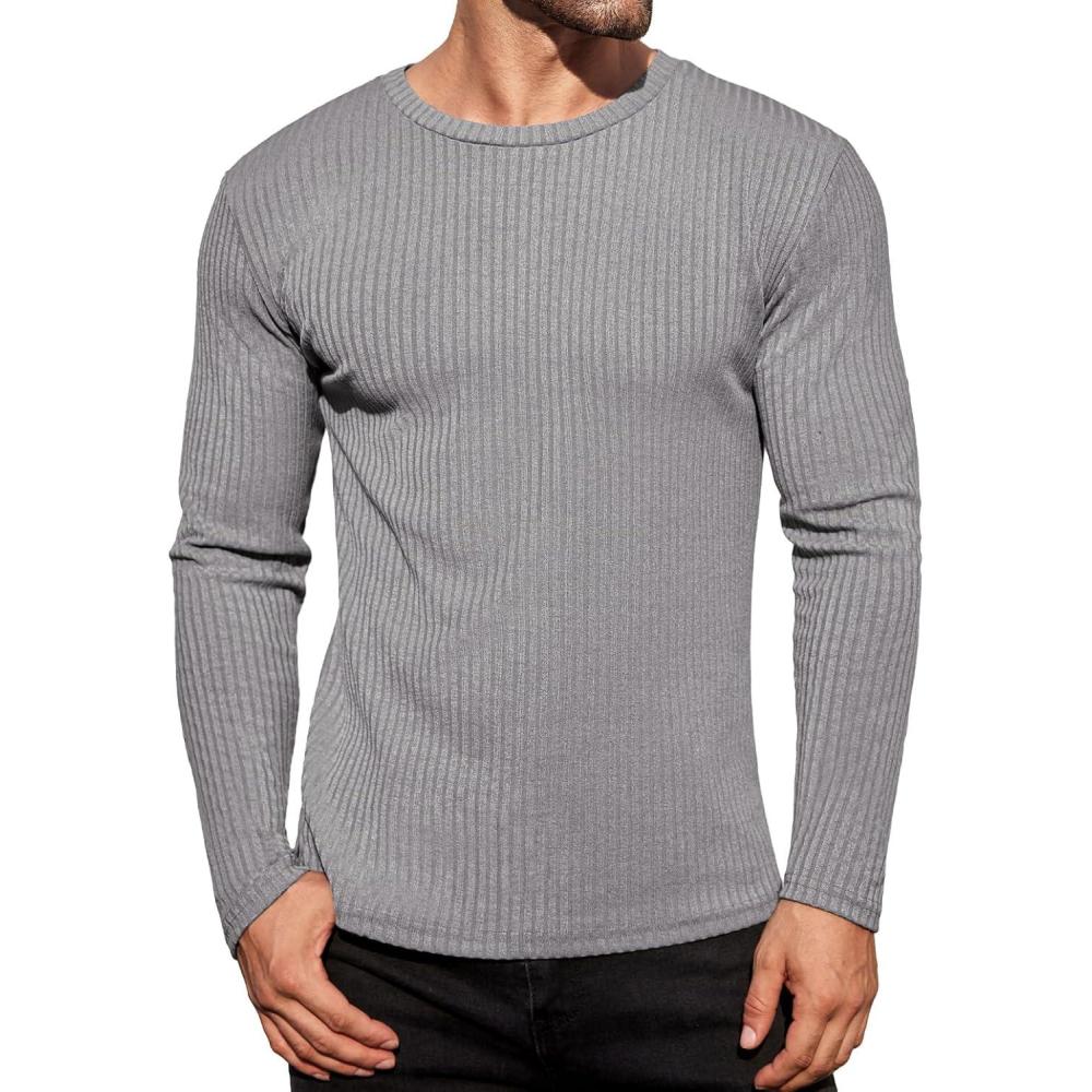 imageEkouaer Mens Long Sleeve Shirts Ribbed Pullover Tees Sim Fit Thermal Tops Crew Neck Stretchy Undershirts S3XLGrey