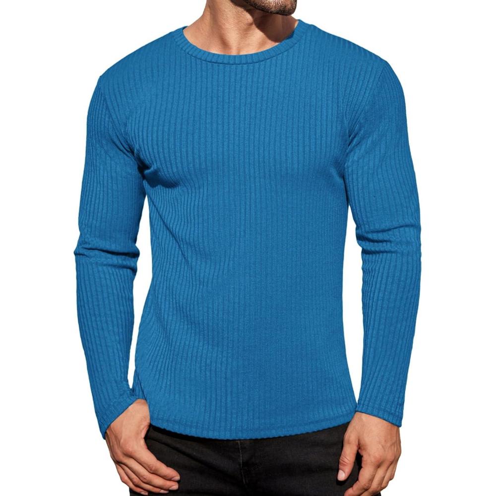 imageEkouaer Mens Long Sleeve Shirts Ribbed Pullover Tees Sim Fit Thermal Tops Crew Neck Stretchy Undershirts S3XLLake Blue