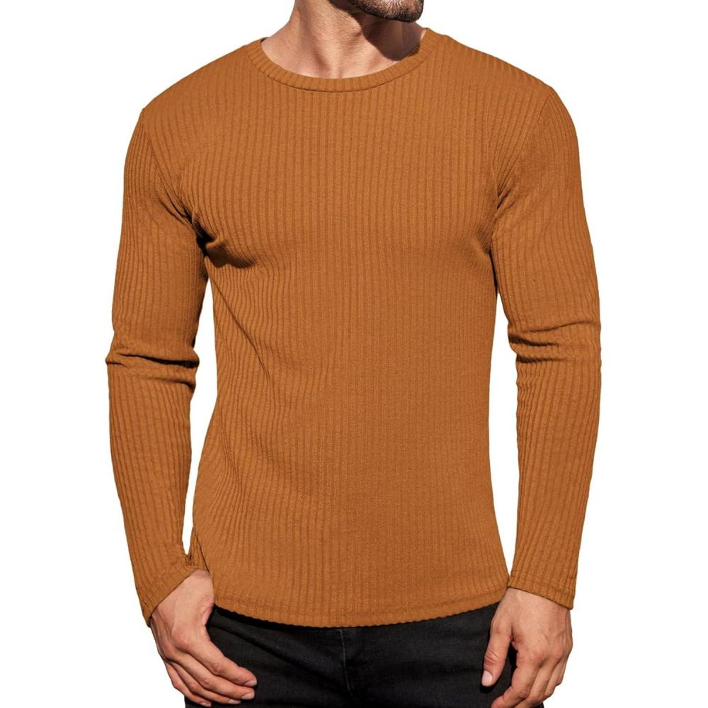 imageEkouaer Mens Long Sleeve Shirts Ribbed Pullover Tees Sim Fit Thermal Tops Crew Neck Stretchy Undershirts S3XLLight Brown
