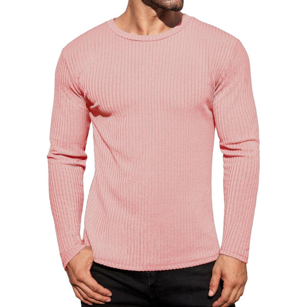 imageEkouaer Mens Long Sleeve Shirts Ribbed Pullover Tees Sim Fit Thermal Tops Crew Neck Stretchy Undershirts S3XLLight Pink