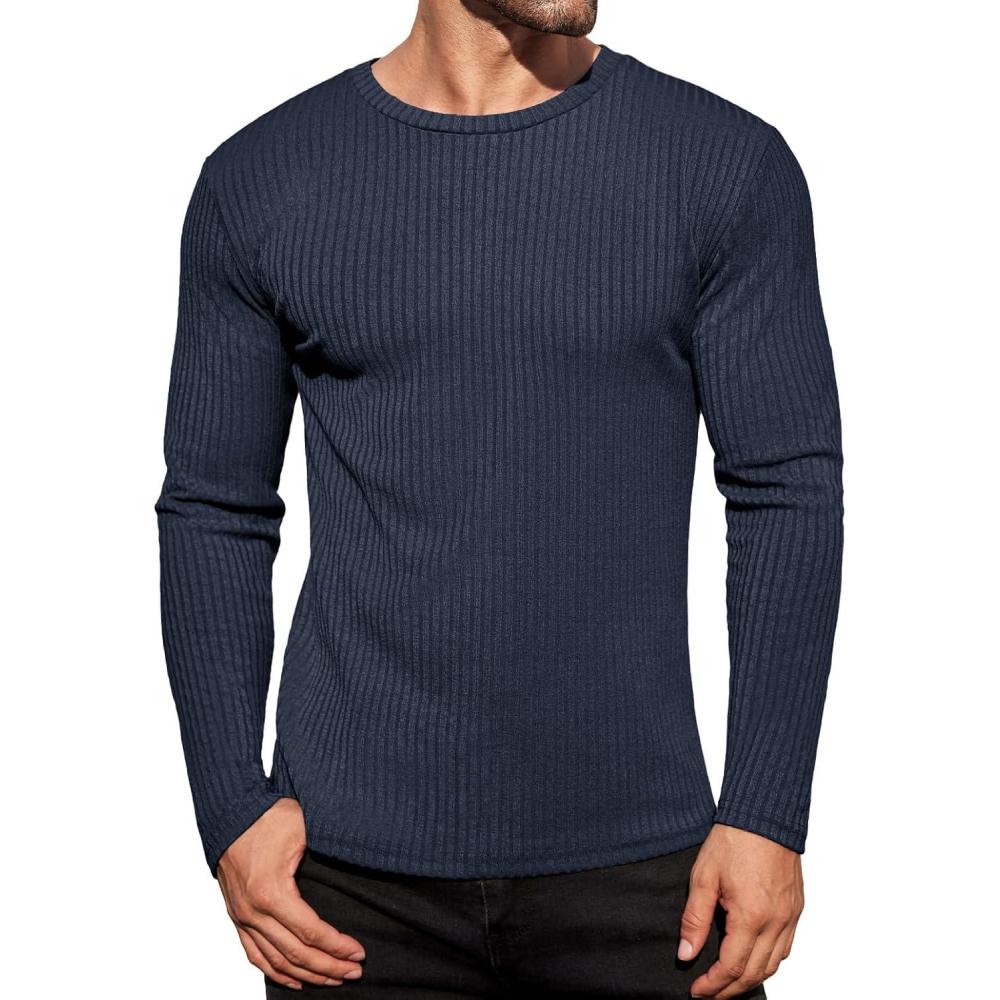 imageEkouaer Mens Long Sleeve Shirts Ribbed Pullover Tees Sim Fit Thermal Tops Crew Neck Stretchy Undershirts S3XLNavy Blue