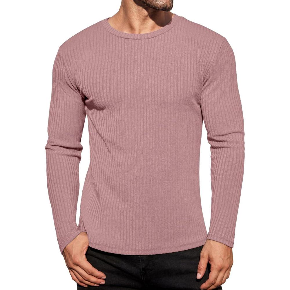 imageEkouaer Mens Long Sleeve Shirts Ribbed Pullover Tees Sim Fit Thermal Tops Crew Neck Stretchy Undershirts S3XLPink