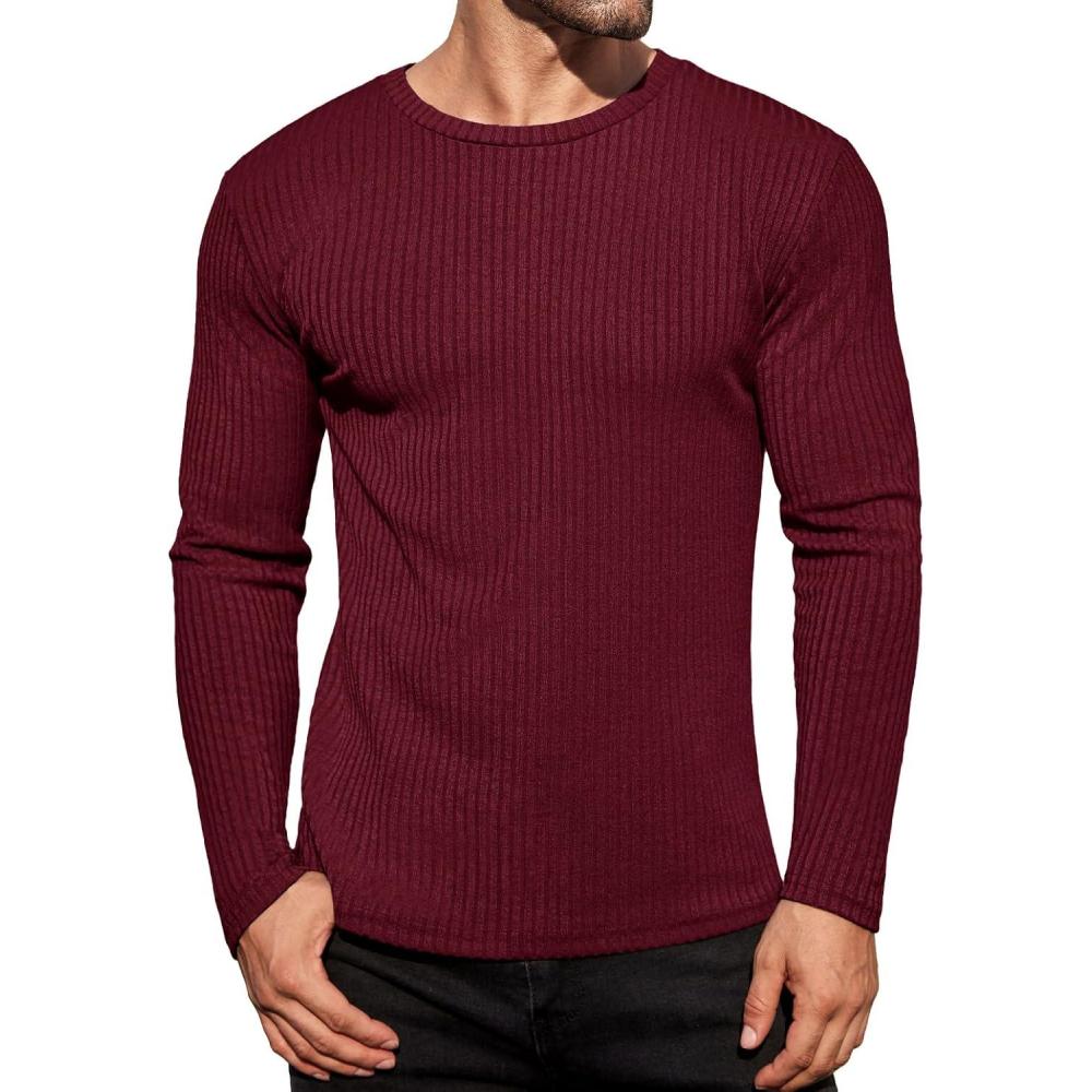 imageEkouaer Mens Long Sleeve Shirts Ribbed Pullover Tees Sim Fit Thermal Tops Crew Neck Stretchy Undershirts S3XLWine Red