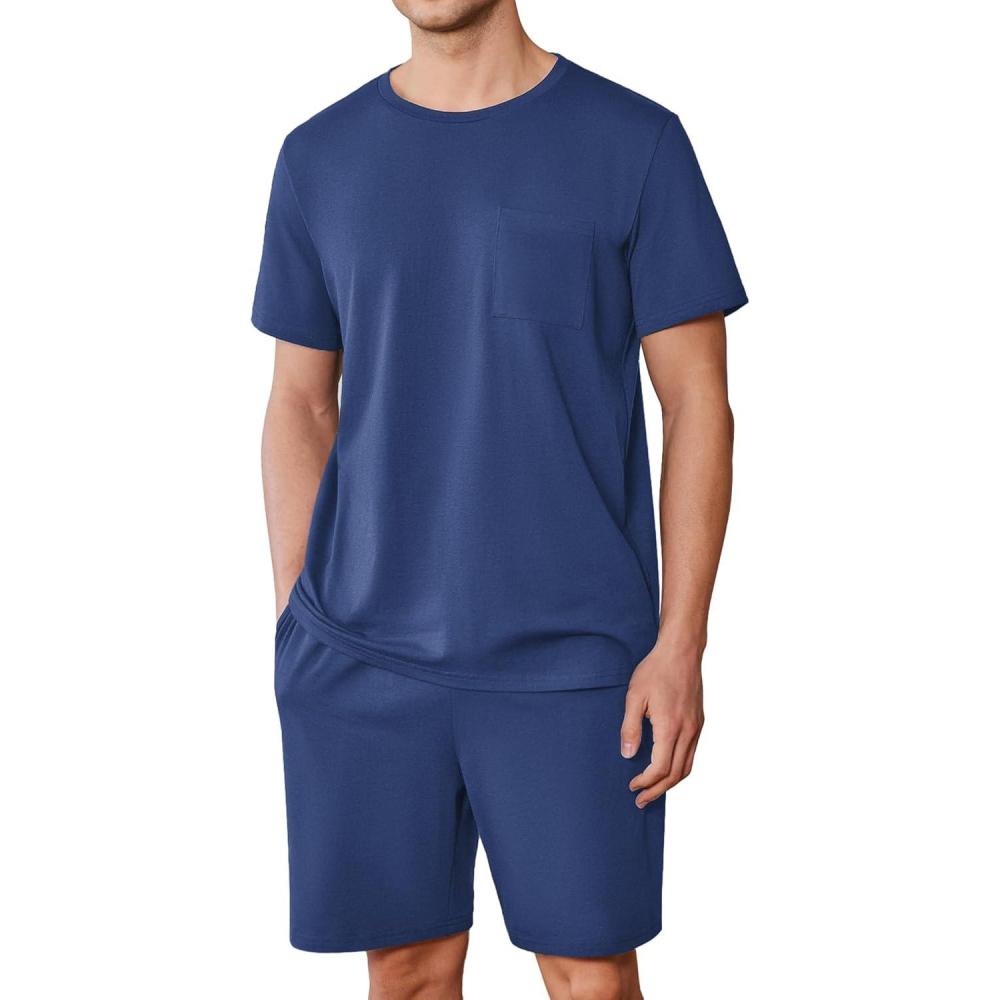 imageEkouaer Mens Pajamas Set Cotton Short Sleeve Sleepwear 2 Piece Pj Sets for Men Soft Nightwear with Pockets SXXLDeep Blue