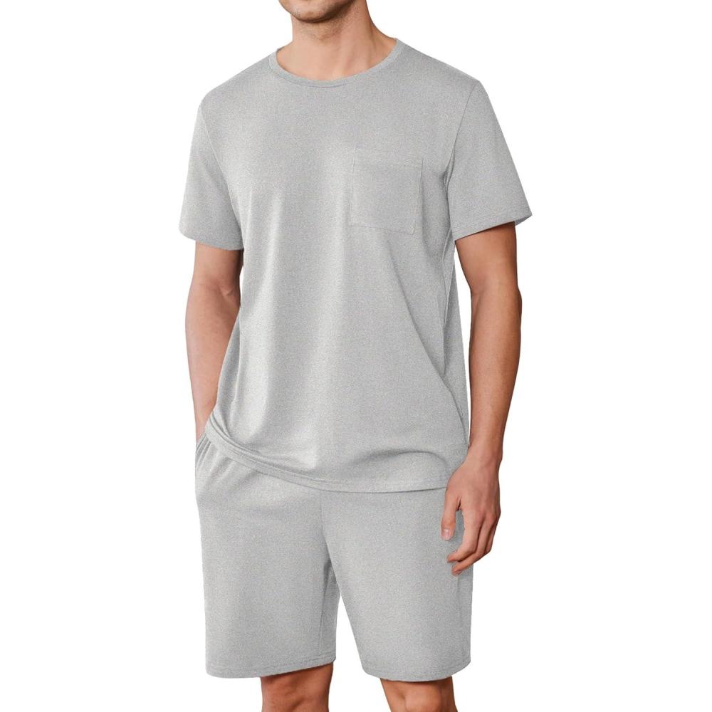 imageEkouaer Mens Pajamas Set Cotton Short Sleeve Sleepwear 2 Piece Pj Sets for Men Soft Nightwear with Pockets SXXLGrey