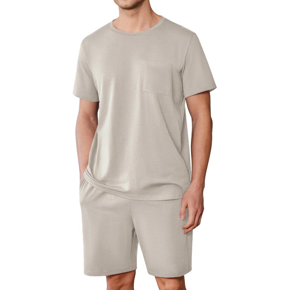 imageEkouaer Mens Pajamas Set Cotton Short Sleeve Sleepwear 2 Piece Pj Sets for Men Soft Nightwear with Pockets SXXLLight Grey