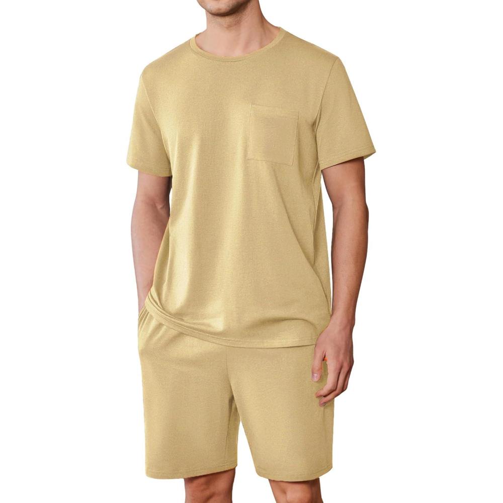 imageEkouaer Mens Pajamas Set Cotton Short Sleeve Sleepwear 2 Piece Pj Sets for Men Soft Nightwear with Pockets SXXLLight Khaki