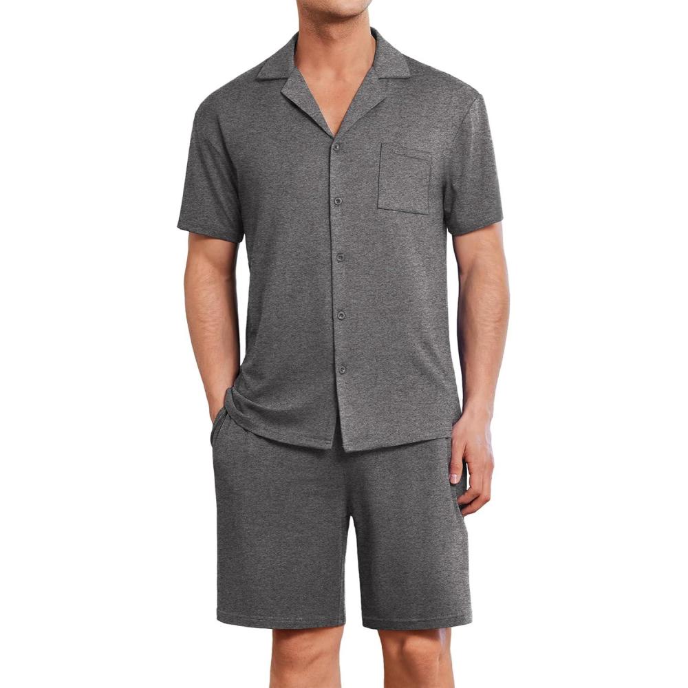 imageEkouaer Mens Pajamas Set Short Sleeve Sleepwear Button Down Soft Loungewear 2 Piece Pj Shorts Sets with PocketsDark Grey