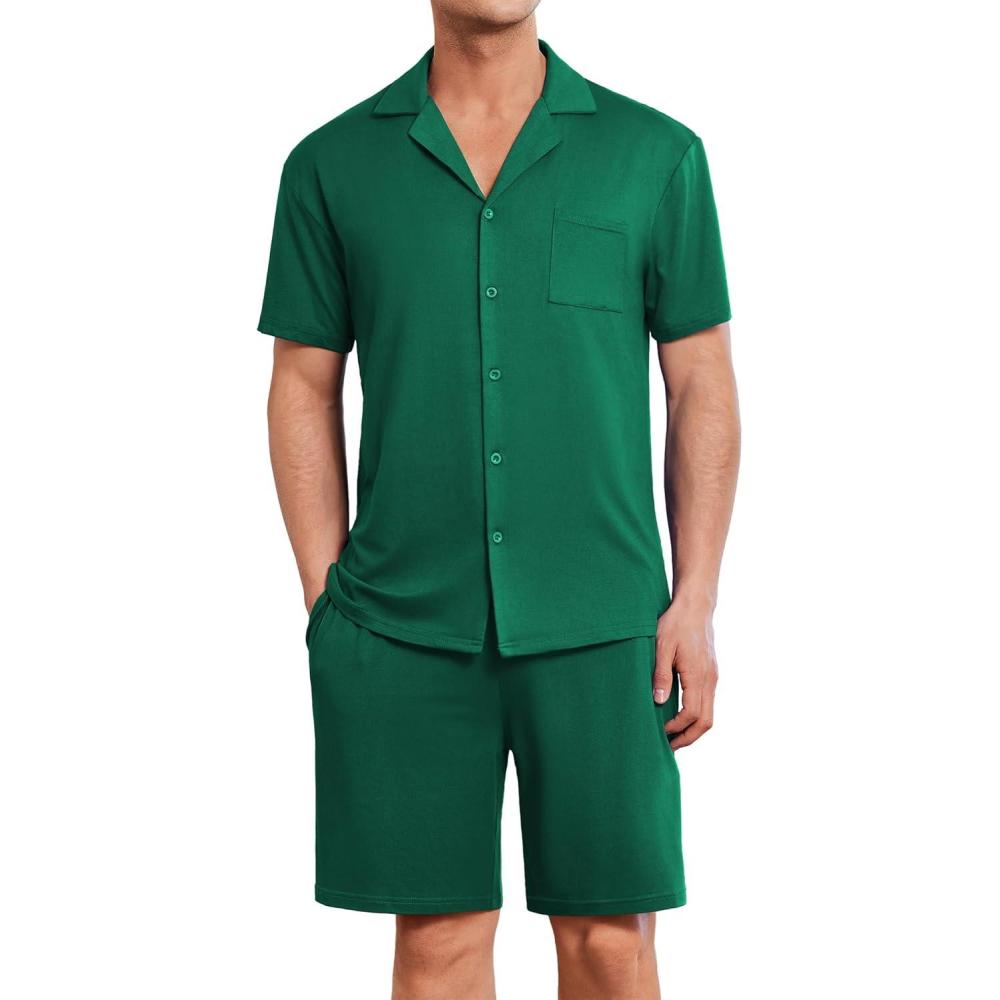 imageEkouaer Mens Pajamas Set Short Sleeve Sleepwear Button Down Soft Loungewear 2 Piece Pj Shorts Sets with PocketsGreen