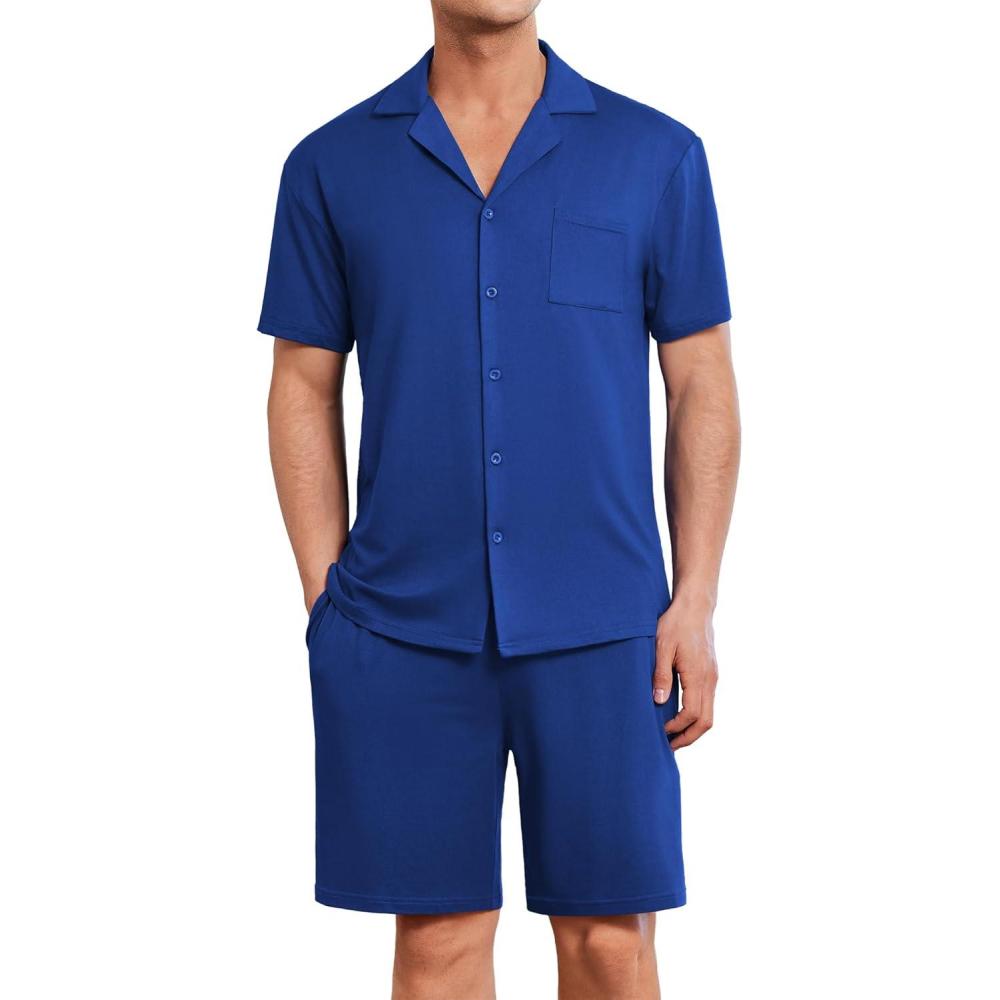 imageEkouaer Mens Pajamas Set Short Sleeve Sleepwear Button Down Soft Loungewear 2 Piece Pj Shorts Sets with PocketsNavy Blue