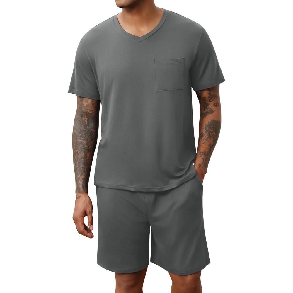imageEkouaer Mens Pajamas Set Soft Lounge Set V Neck Sleep Nightwear Short Sleeve Pjs with Pocket SXXLGrey