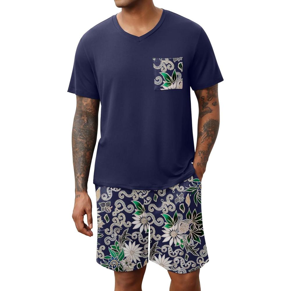 imageEkouaer Mens Pajamas Set Soft Lounge Set V Neck Sleep Nightwear Short Sleeve Pjs with Pocket SXXLNavy Blue Floral