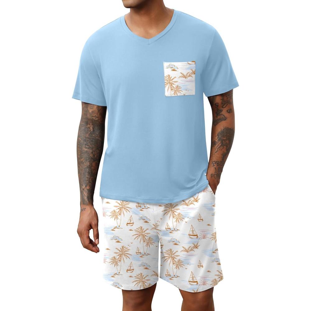 imageEkouaer Mens Pajamas Set Soft Lounge Set V Neck Sleep Nightwear Short Sleeve Pjs with Pocket SXXLPalm Tree Floral