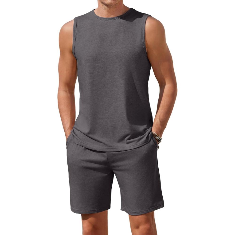 imageEkouaer Mens Pajamas Set Workout Tank Top Pjs Sets with Shorts 2 Piece Soft Sleeveless Casual Sleep Shirts Loungewear SXXLDark Flower Grey