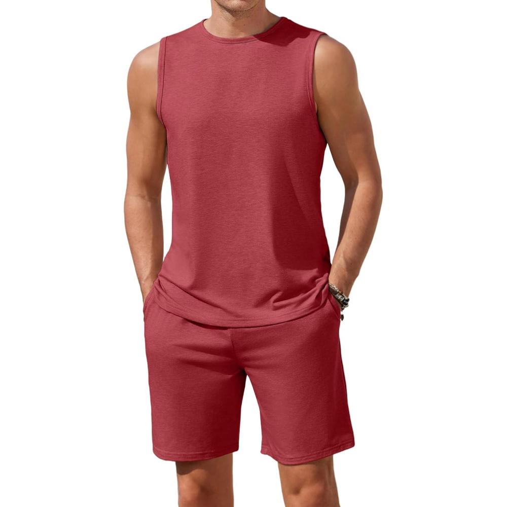 imageEkouaer Mens Pajamas Set Workout Tank Top Pjs Sets with Shorts 2 Piece Soft Sleeveless Casual Sleep Shirts Loungewear SXXLDark Red