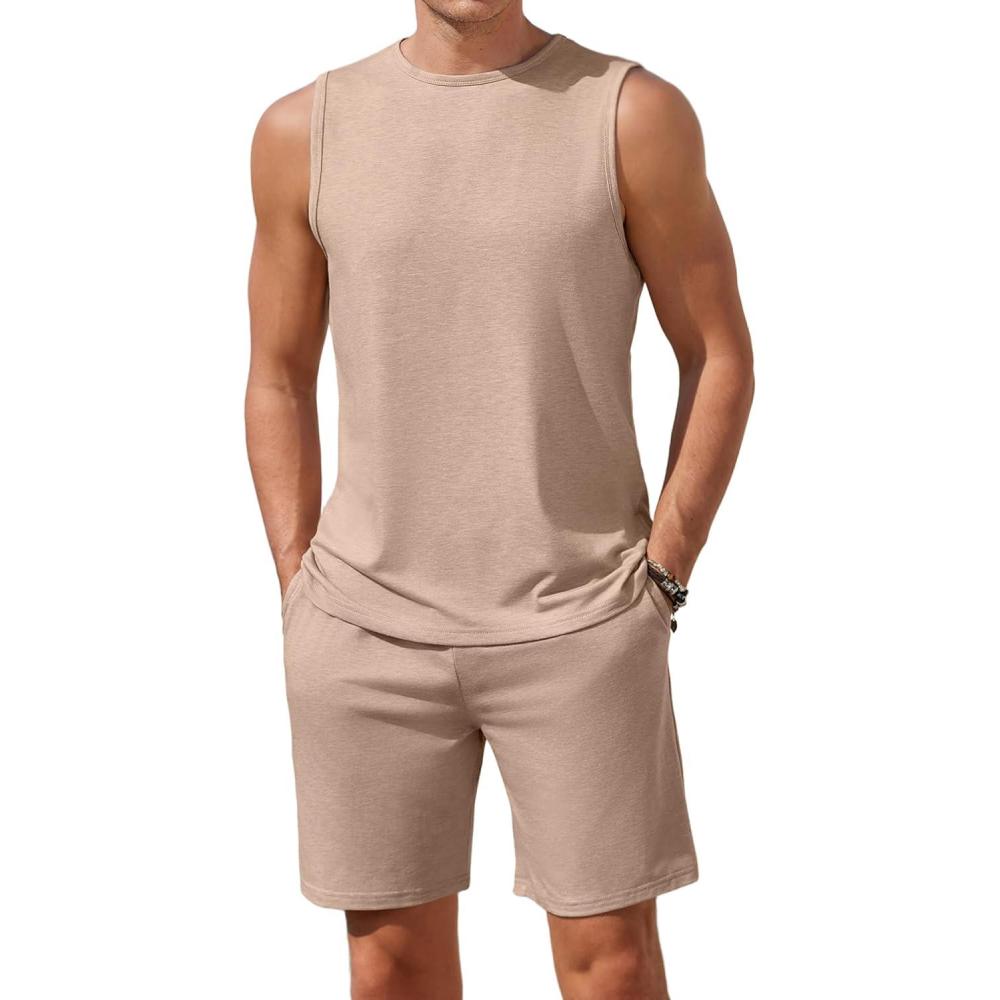 imageEkouaer Mens Pajamas Set Workout Tank Top Pjs Sets with Shorts 2 Piece Soft Sleeveless Casual Sleep Shirts Loungewear SXXLKhaki