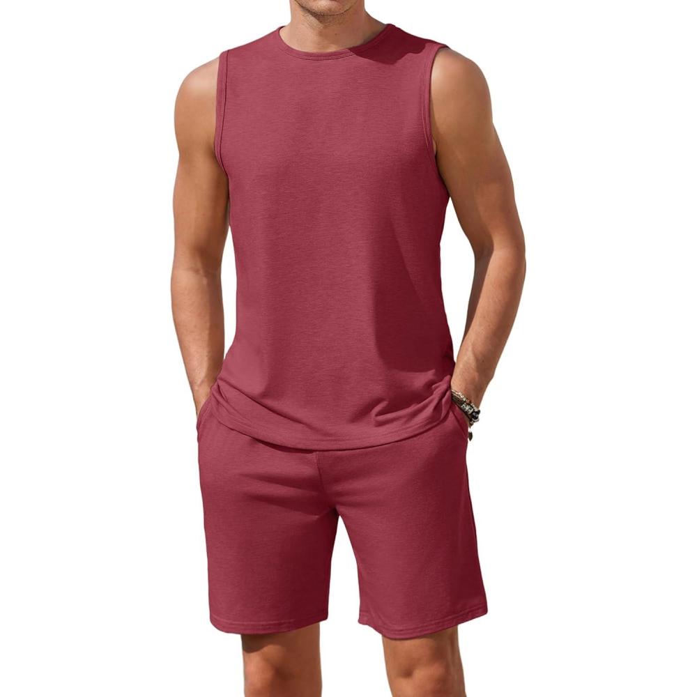 imageEkouaer Mens Pajamas Set Workout Tank Top Pjs Sets with Shorts 2 Piece Soft Sleeveless Casual Sleep Shirts Loungewear SXXLWine Red