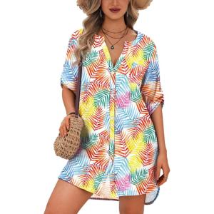 Ekouaer Bathing Suit Cover Up for Women V Neck Button Down Swimsuit Coverup Beach Dress Shirt S-3XL(Colorful Leaves)