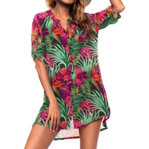 Ekouaer Bathing Suit Cover Up for Women V Neck Button Down Swimsuit Coverup Beach Dress Shirt S-3XL(Dh690-tropical Print)